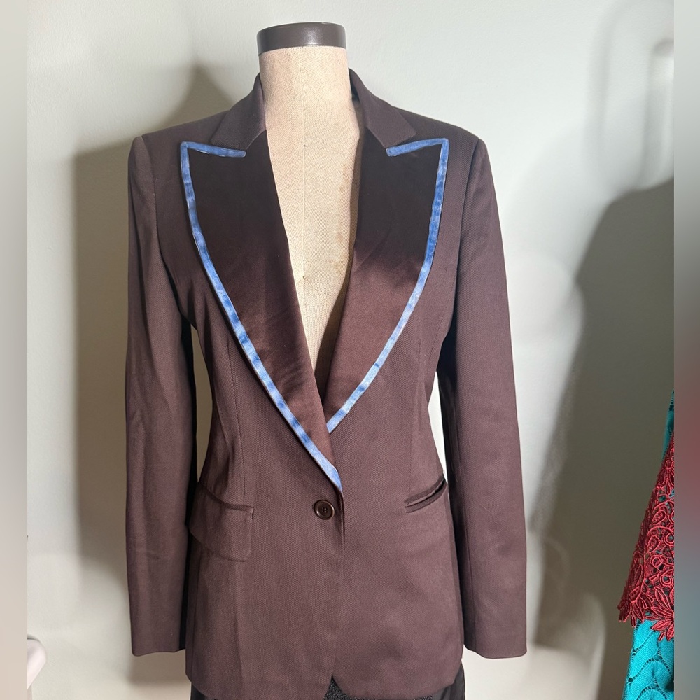 Iceberg Made in Italy Brown Wool Blazer Blue Velvet Lapel Trim IT 42 Designer